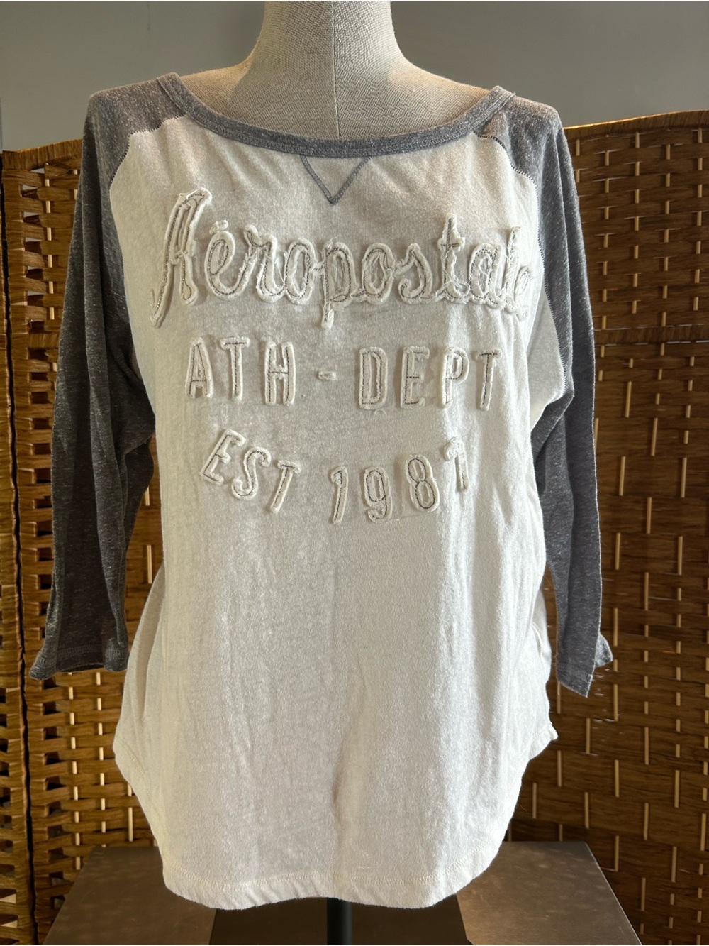 Aeropostale Athletic Dept 1987 Raglan Baseball Tee Gray White Appliqué XL Y2K